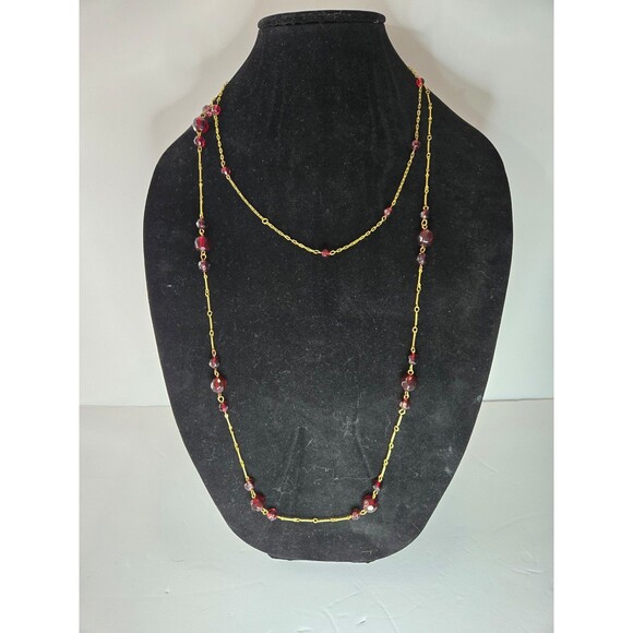 Gold Tone Necklace Double Strand with Dark Red Beads Lobster Claw Clasp - Picture 1 of 5